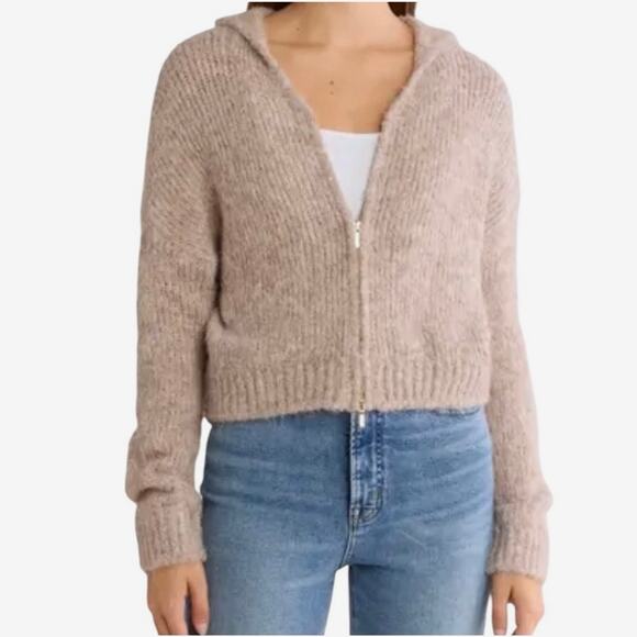 Halogen Tan Fuzzy Wool Blend Zip Front Cropped Sweater Hoodie Size Small - Picture 1 of 14